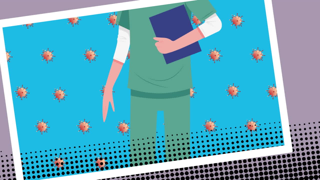 animación de una doctora y células virales en fondo azul