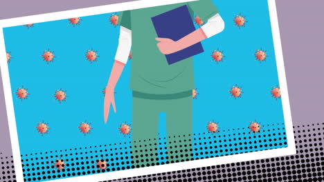 animación de una doctora y células virales en fondo azul