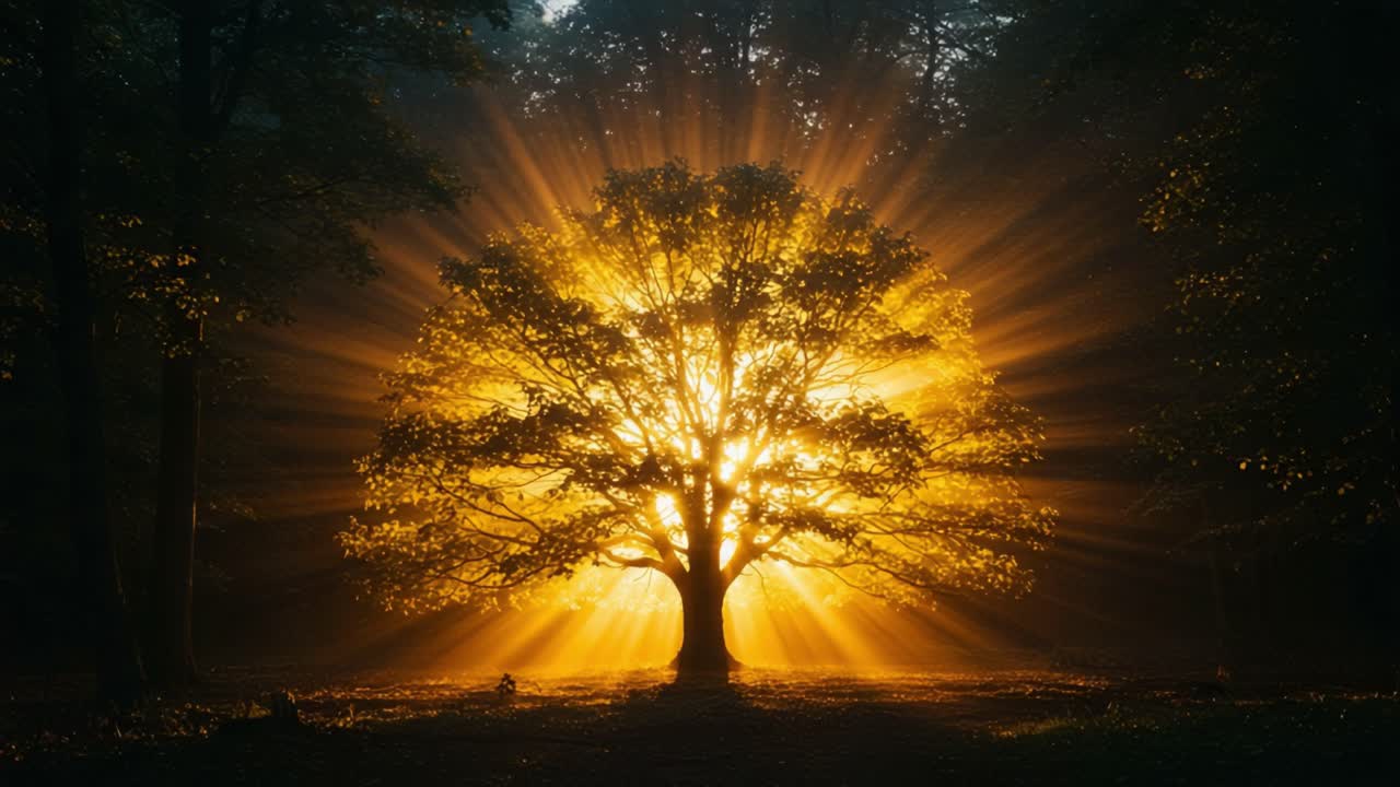 A Majestic Tree Illuminated by the Golden Rays of Sunlight Creating a Breathtaking Natural Scene of Light, Shadow, and Tranquility in a Forest Setting