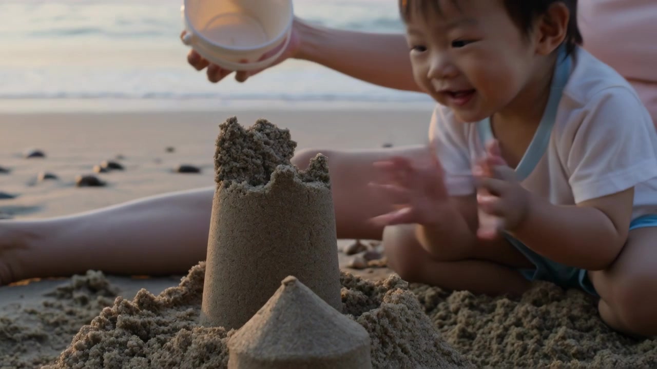 Pressing bucket, mom in swimsuit lifting mold at beach making castle toddler clapping, copy space