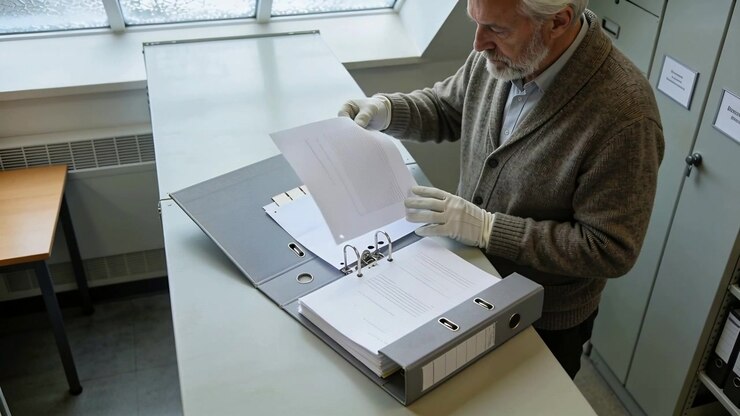 Un archivista con i guanti nota una linguetta, sfoglia e controlla le pagine in un raccoglitore su un tavolo d'archivio, spazio per il testo