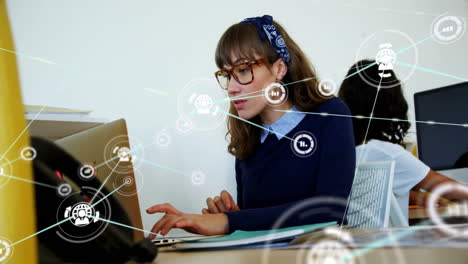 typing on laptop, woman surrounded by network connections and data animations