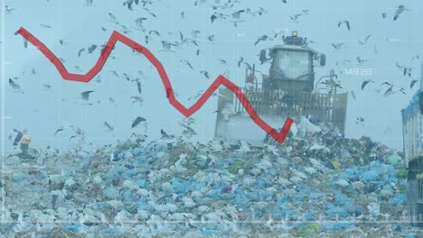 red graph moving over grid network against bulldozer working on landfill with birds in the sky