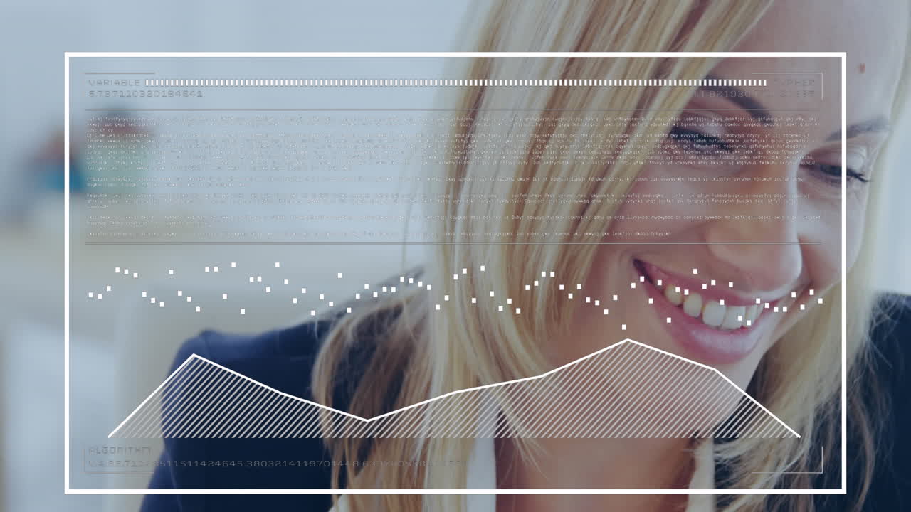 Animation of graphs and loading bars over close up of beautiful caucasian woman