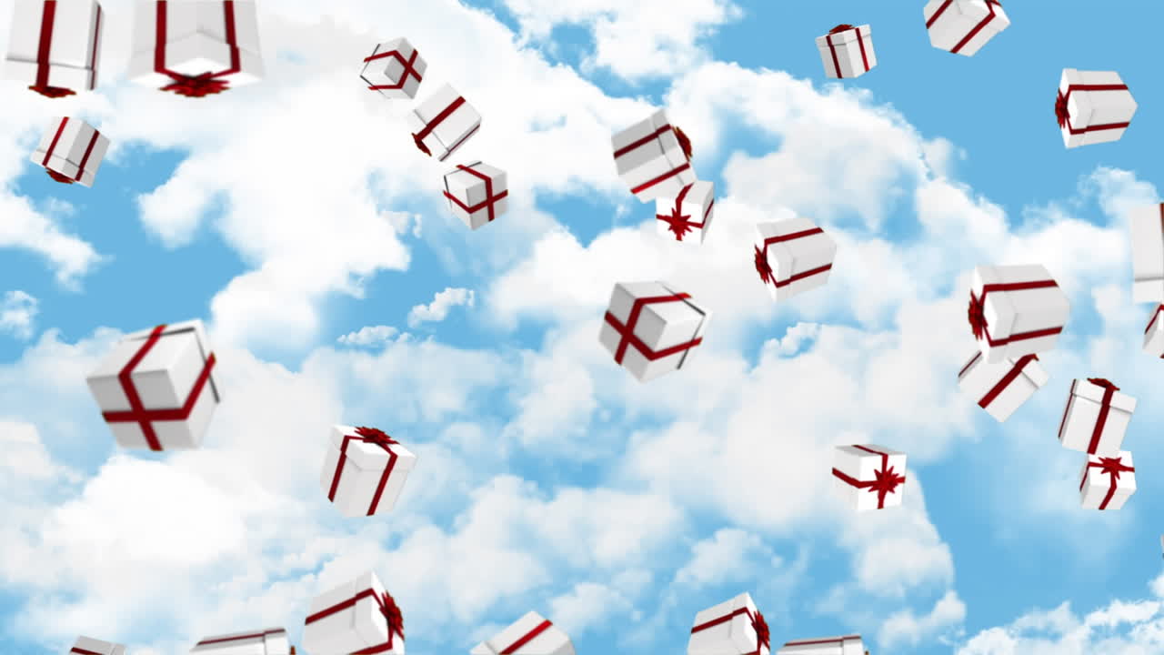 구름이 가득한 하늘 위 에 선물 이 떨어지는 애니메이션