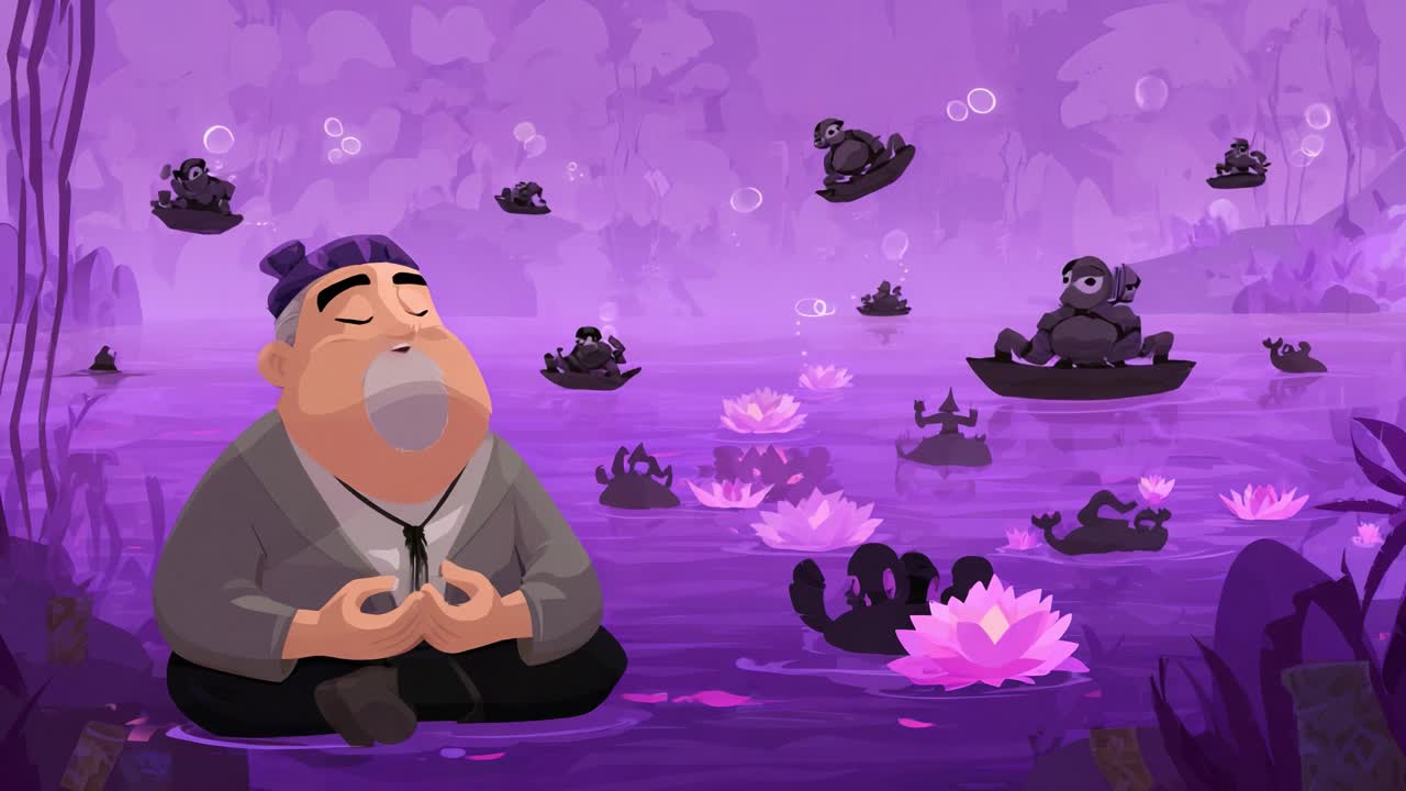 An animated scene depicting a serene character meditating amidst a tranquil purple pond filled with floating lotus flowers and playful creatures enjoying the peaceful environment