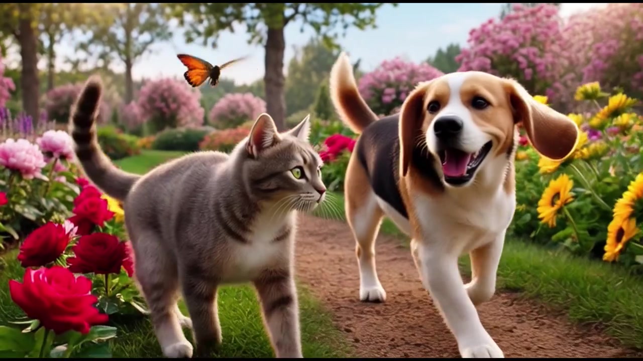 Um cão Beagle e um gato malhado caminhando juntos em um jardim de flores