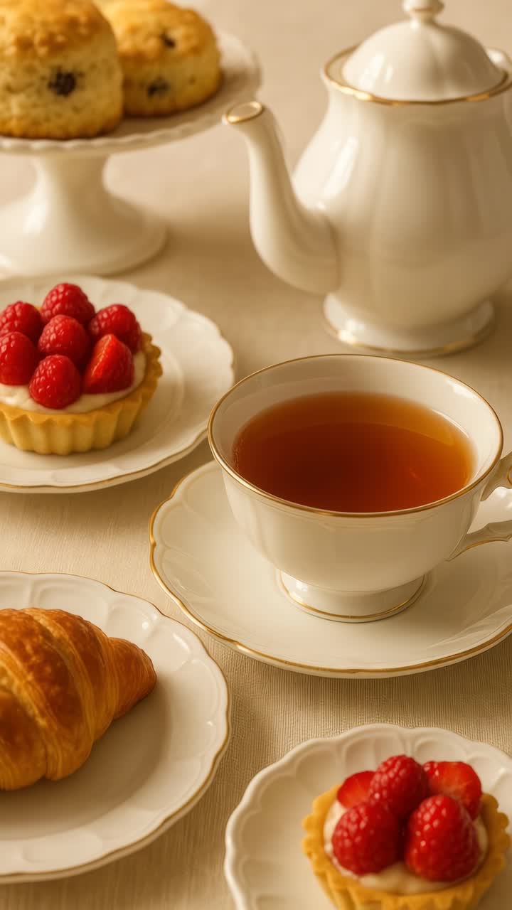Elegant high-angle shot of a tea set with pastries, showcasing a cozy afternoon tea concept