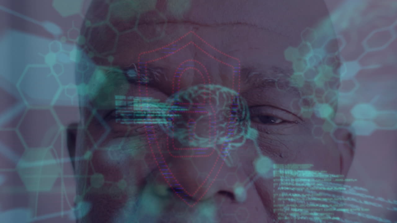 animación de moléculas con cerebro y procesamiento de datos sobre hombre afroamericano