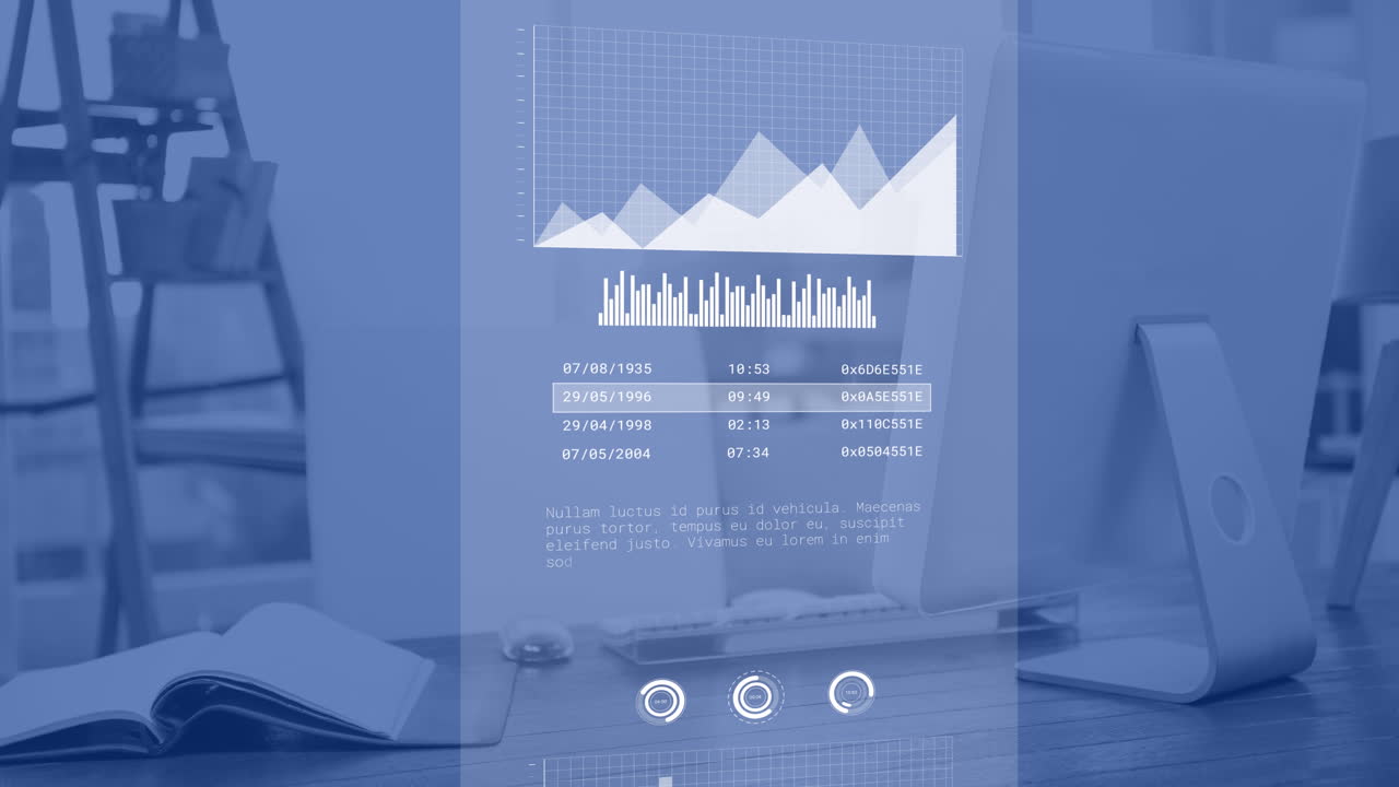 Animation of financial data processing over computer in office