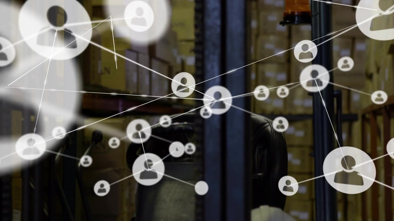 Animazione di rete di connessioni con icone su magazzino