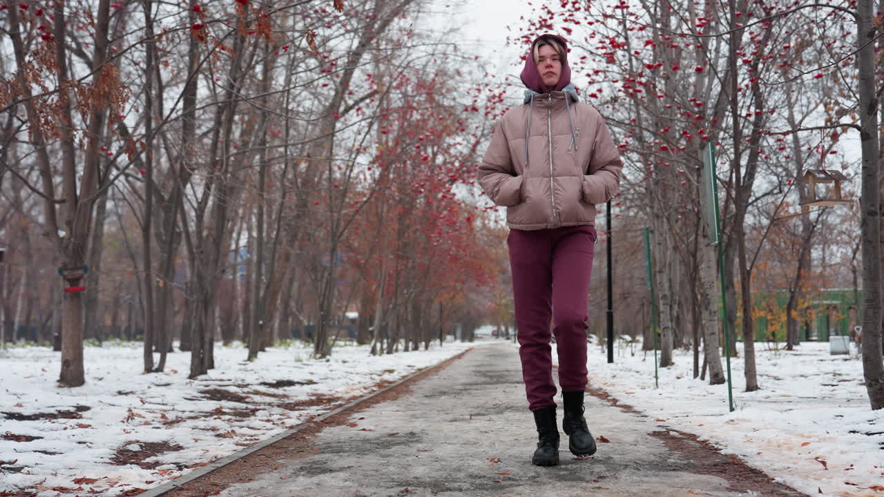 따뜻한 겨울 옷을 입은 여인이 얼어붙은 길에서 보이는 발자국으로 장식된 은 열매로 장식된 벌거벗은 나무로 둘러싸인 눈 인 거리에서 주머니에 손을 넣고 고 있습니다.