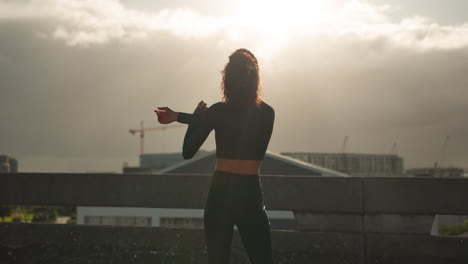 fitness, city and back of woman celebration