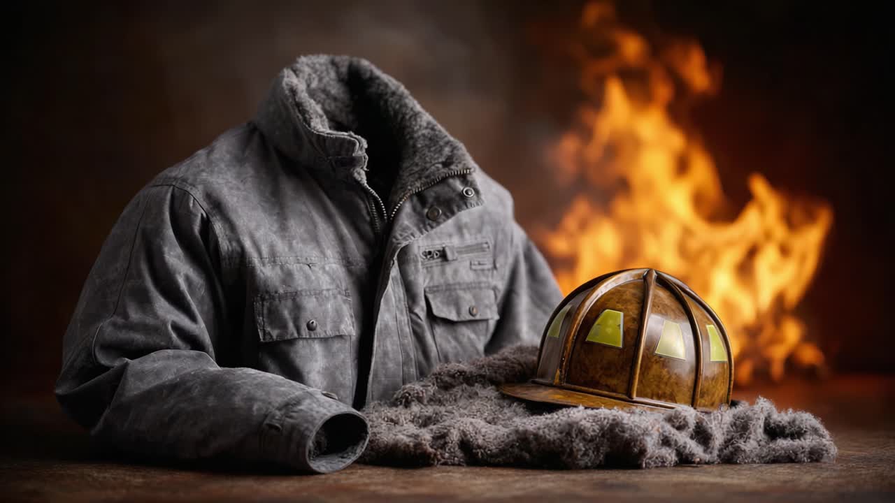 A Dramatic Still Life of a Firefighter's Gear: A Weathered Jacket and a Shiny Helmet Set Against a Background of Flickering Flames, Evoking Courage and Service
