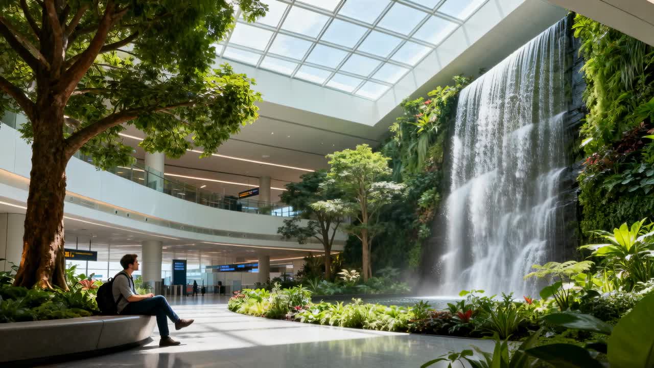 Video vertical: Hombre acomodándose mirando las cataratas en un banco curvo en el aeropuerto, mochila, espacio para texto.