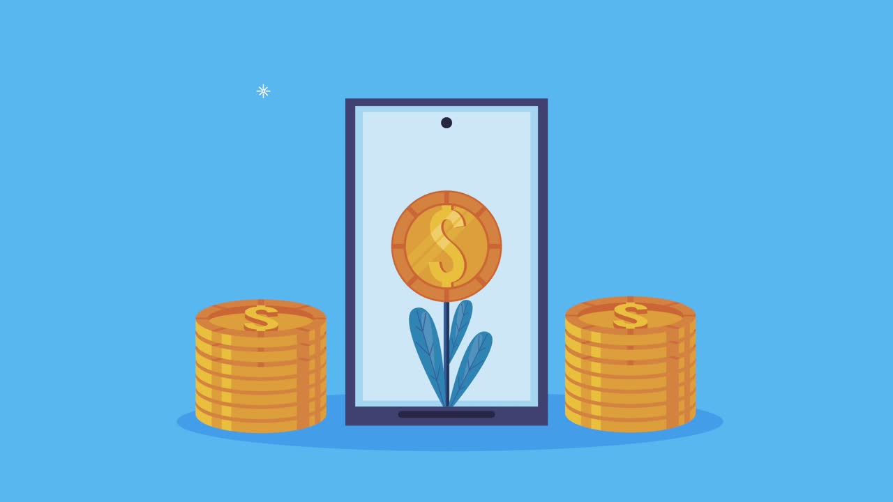 financial business animation with plant of coins in smartphone