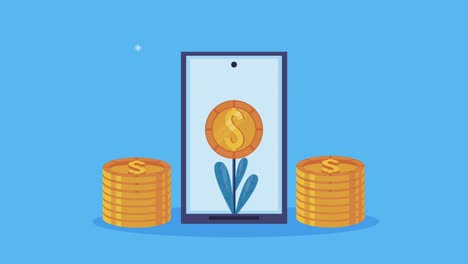 financial business animation with plant of coins in smartphone