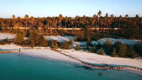 fantástico drone volando hacia atrás disparado frente a una playa de ensueño al atardecer con largas sombras