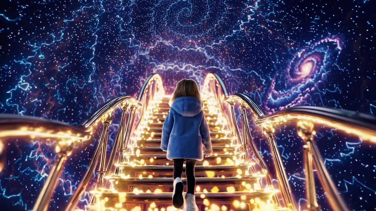 황금 계단은 별빛이 가득한 밤하늘을 통해 어린 소녀의 영적 길을 조명하며, 빛나는 우주 목적지에 대한 초월성과 내면의 잠재력을 나타니다.