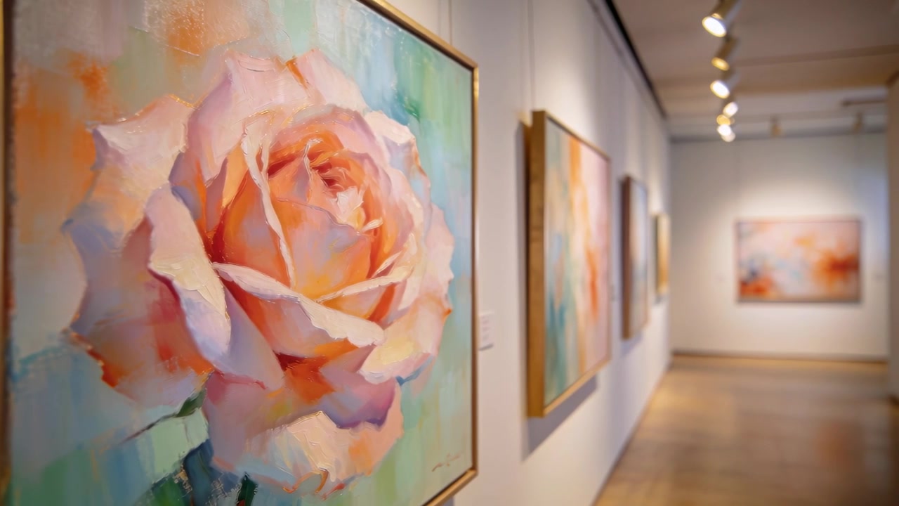 Telecamera in movimento che rivela un dipinto incorniciato di una rosa in una galleria, mostrando etichetta e luci, con spazio per il testo.