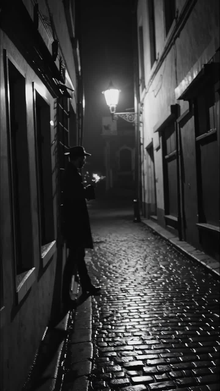 Silhouette of a man in a trench coat and hat walking down a cobblestone alley at night, lit