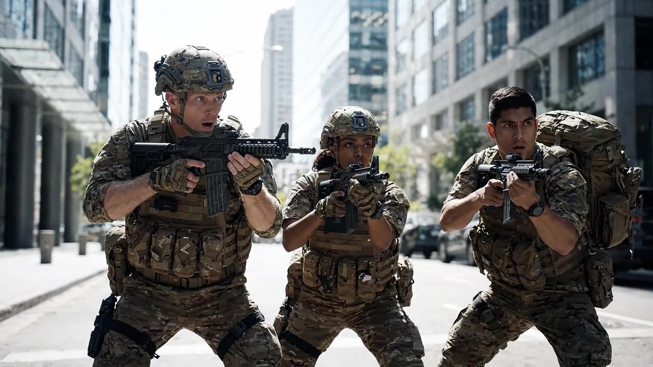 Three Soldiers in Tactical Gear Prepare for Action in an Urban Environment, Emphasizing Teamwork and Military Readiness in a Cityscape Setting