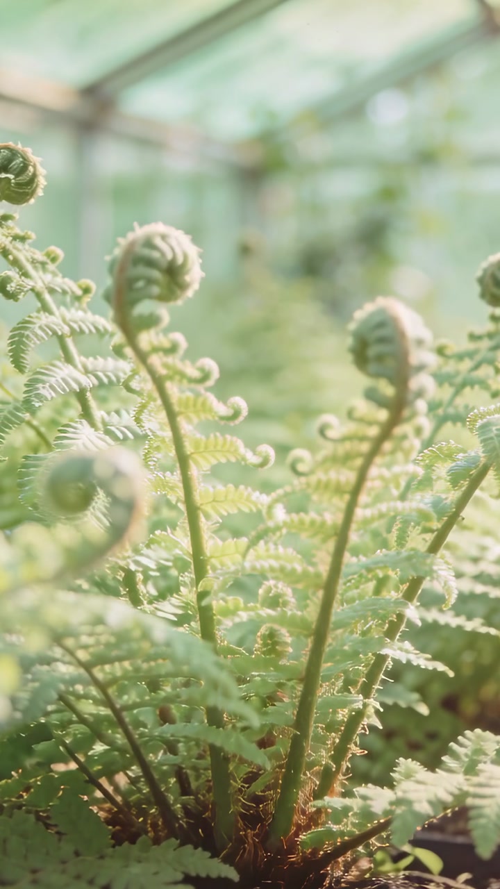 Vertical video: Camera moving closer, potted fern showing frond hairs to show texture in greenhouse