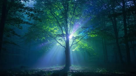 A Serene Forest Scene Featuring a Majestic Tree Bathed in Ethereal Light, Creating a Magical Atmosphere with Beautiful Sunbeams Filtering Through the Leaves