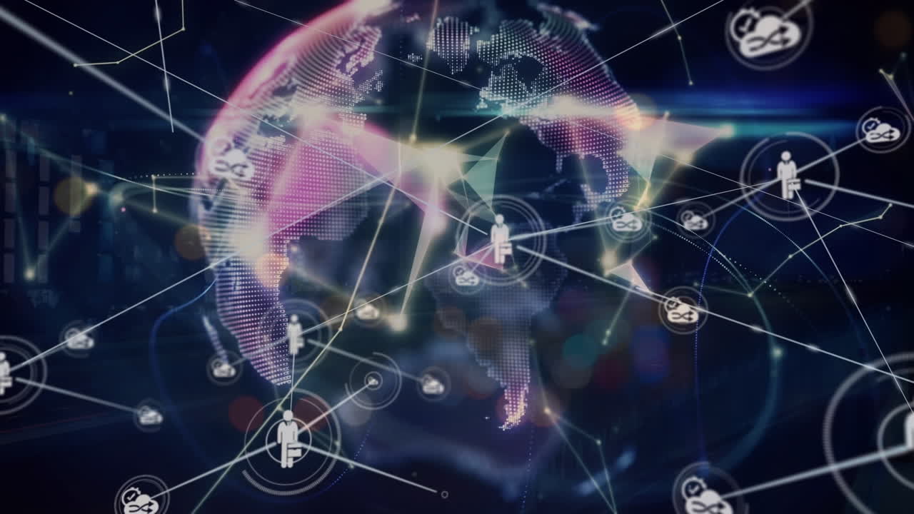 animación de la red de conexiones con las personas iconos sobre el tráfico y el mundo