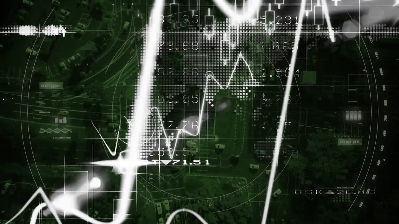 이동하는 차량의 공중 뷰를 통해 여러 그래프와 거래 보드의 애니메이션