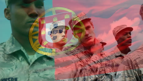 animation of flag of portugal waving over diverse soldiers