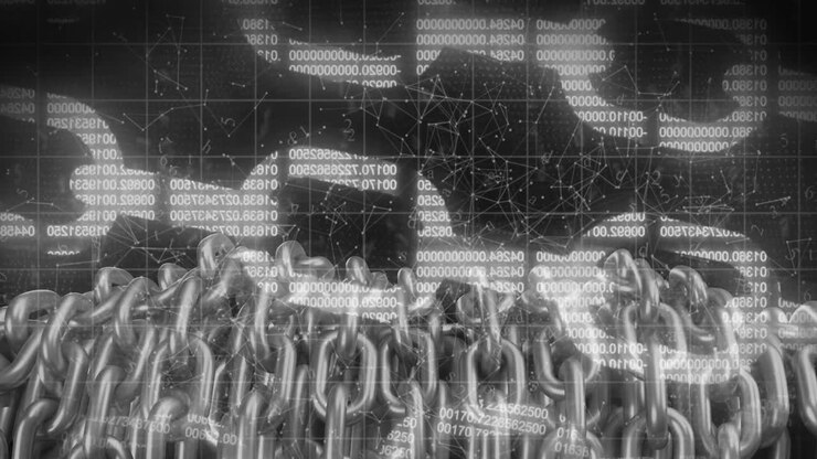 Animation of digital block chains, connections with data processing and binary coding