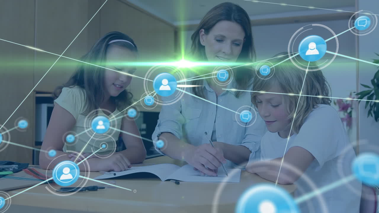 animación de la red de conexiones sobre hermanos caucásicos aprendiendo con la madre en casa