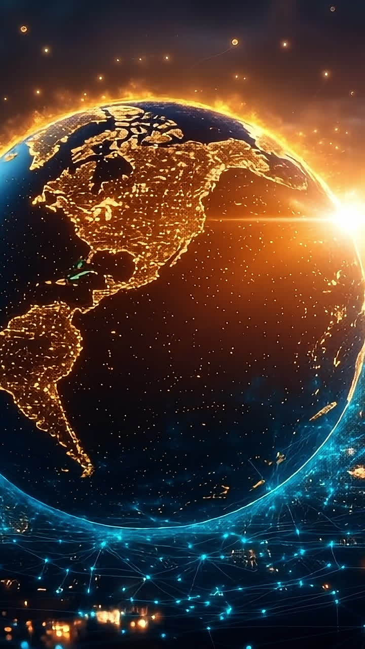 Glowing globe over skyline at dusk. A glowing globe is suspended over a city skyline, showcasing illuminated continents as daylight fades into dusk.