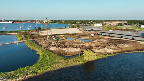 slowed turn over a marina being built in the summer