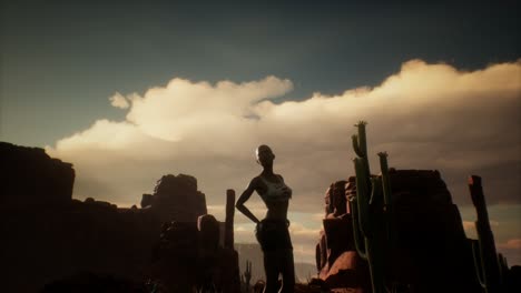 mujer con camisa rasgada de pie junto a un cactus en el desierto al atardecer