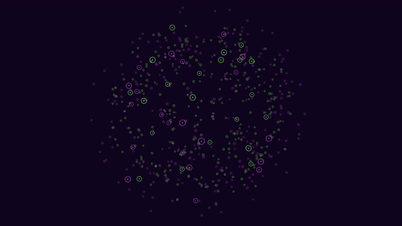 Particelle e cerchi neon astratti fluttuanti su sfondo viola scuro
