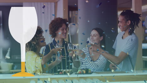 animação de ícone de vidro e confeti sobre felizes amigos diversos comendo sushi e bebendo vinho