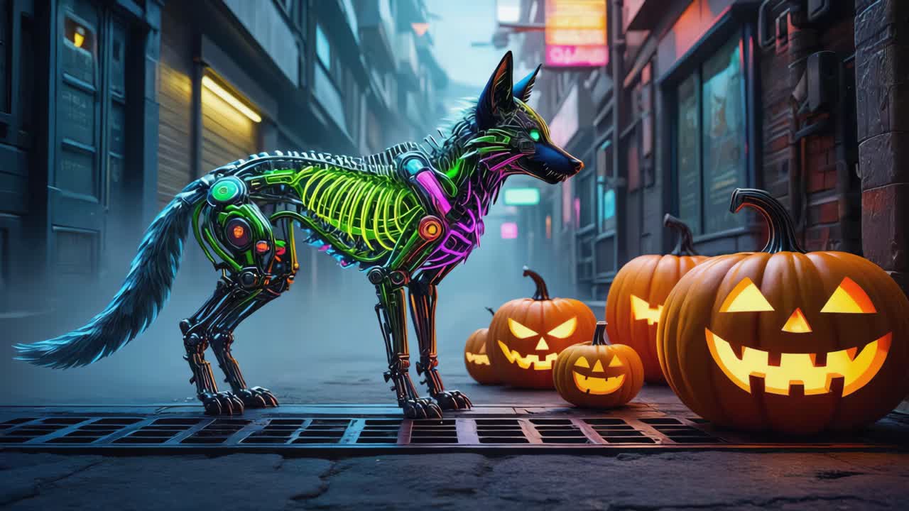 Futuristic Cyborg Coyote with Halloween Pumpkins