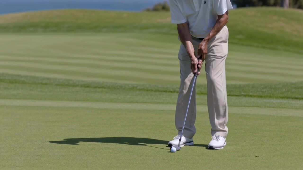 Addressing ball, golfer in polo backswinging on green hitting ball with putter aiming to sink putt