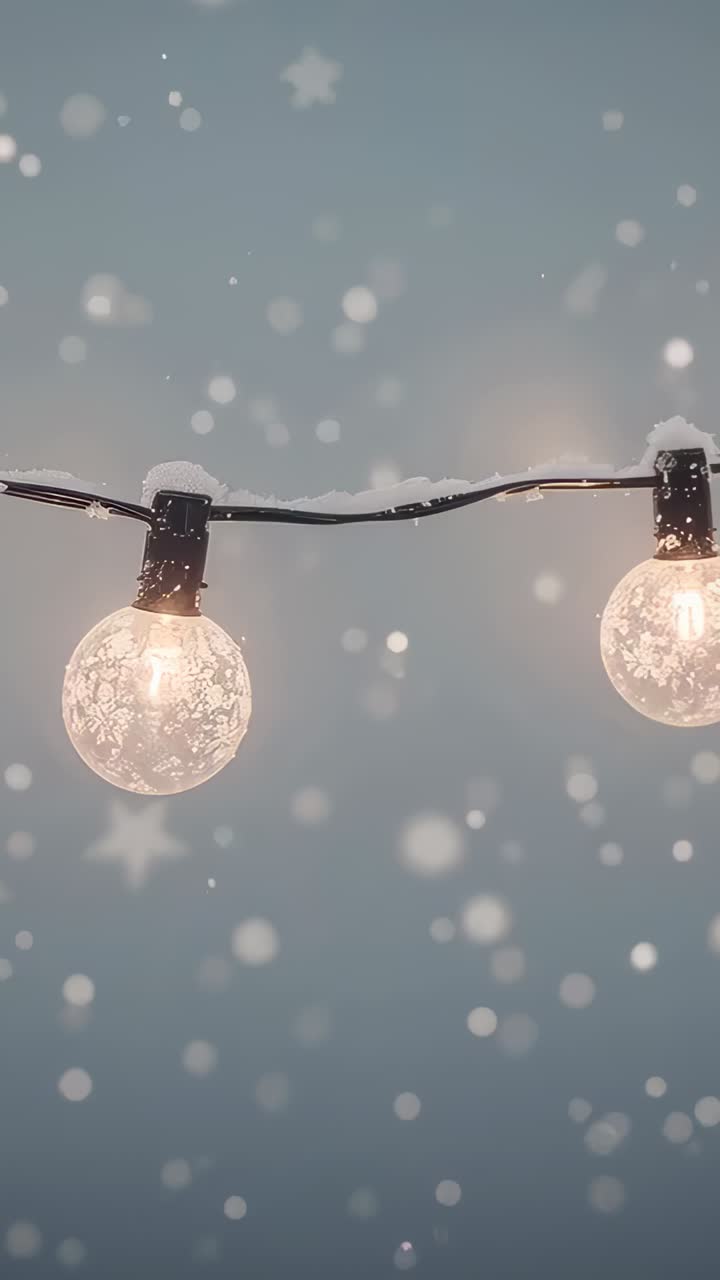 Vertical video: Flurrying snow starting, globe string lights glowing with snow on sockets outdoors