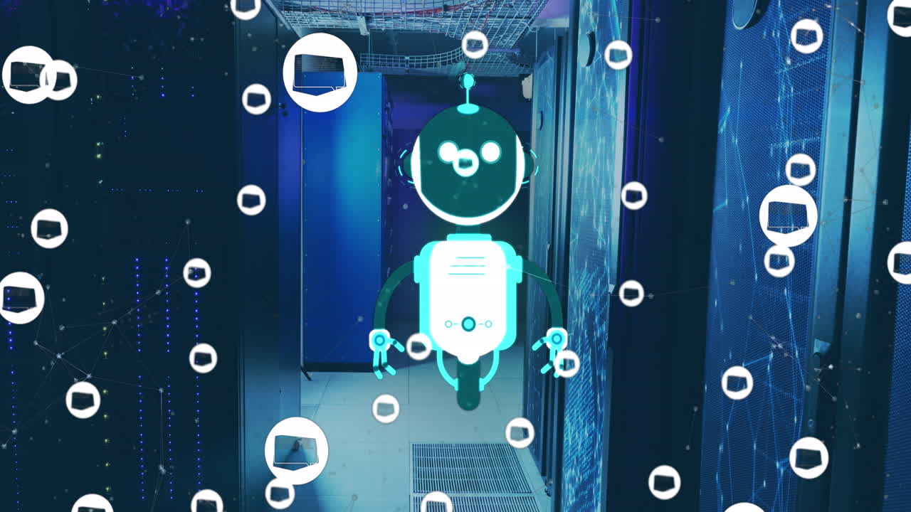 Animation of ai chat bot and icons over computer server background