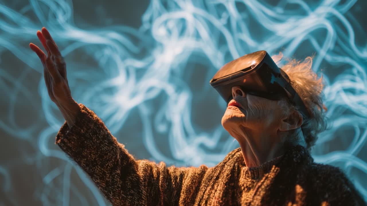 An elderly woman engages with virtual reality, using a headset to explore digital realms; her expression reflects curiosity and wonder as she reaches out to interact with the immersive environment around her
