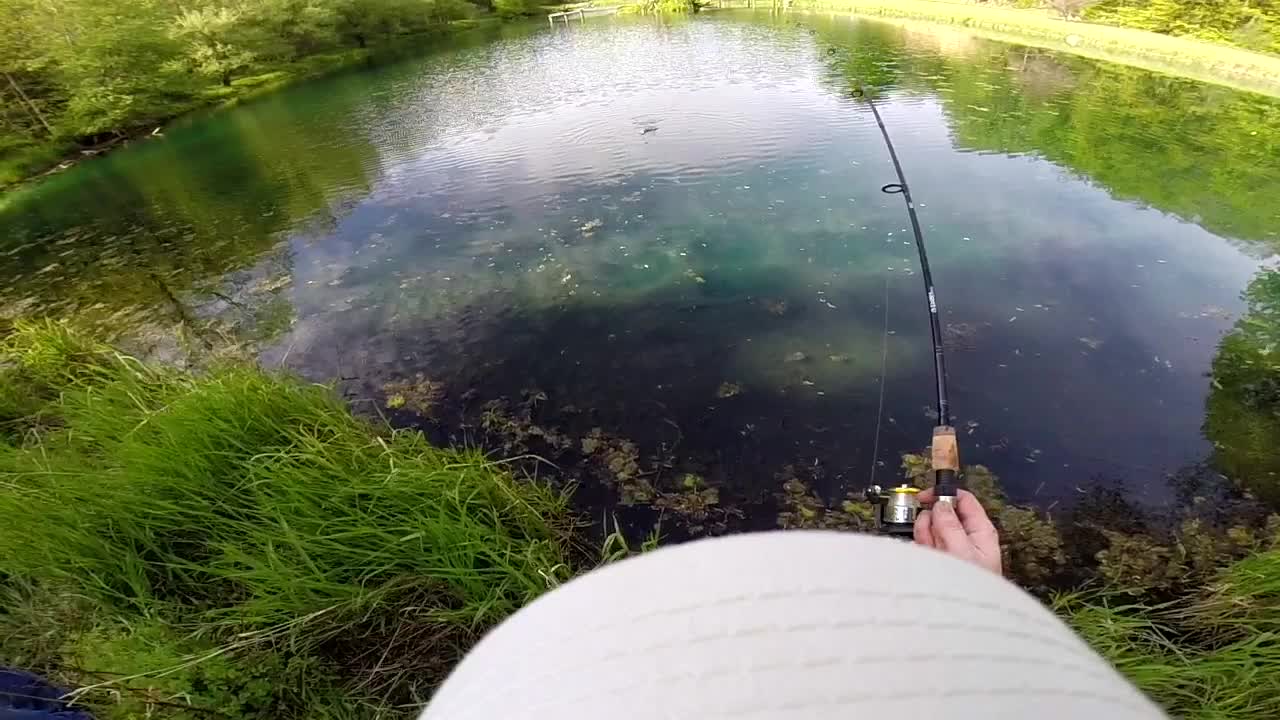 En fiskare som fångar fisk från land. Slowmotion.