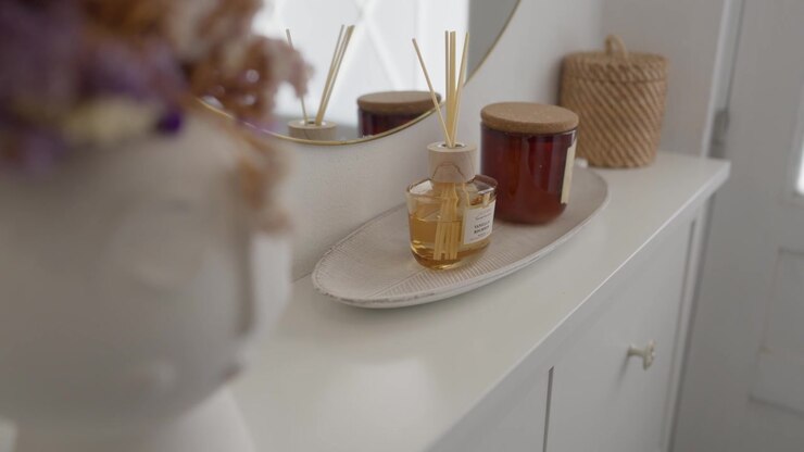Duftpinner med trepinner og duftolje på et brett, som forbedrer hjemmeinnredningen og gir en behagelig aroma