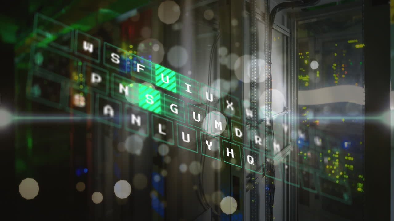 animación de teclado virtual y manchas blancas flotando contra el primer plano de un servidor de computadora