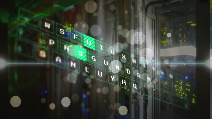 Animation of virtual keyboard and white spots floating against close up of a computer server