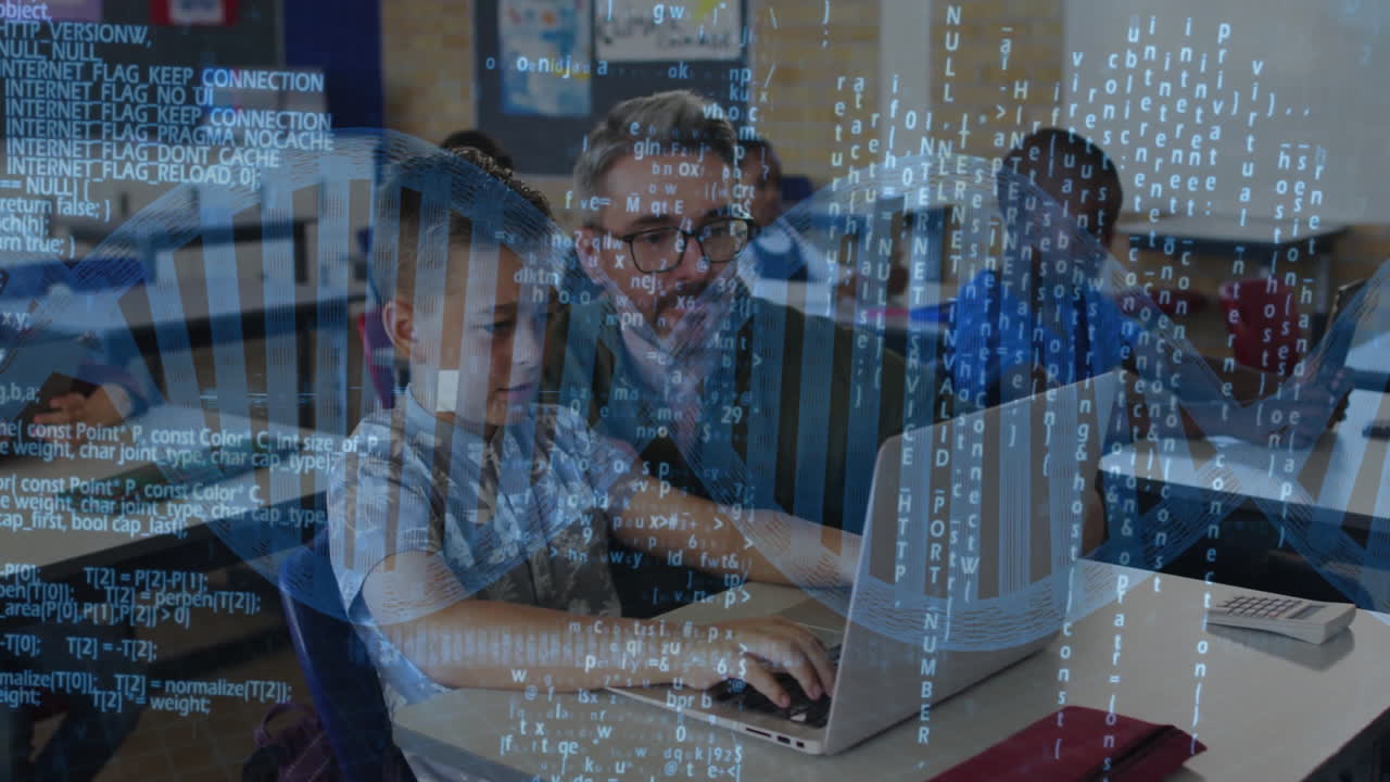 Teacher leaning over helping boy student typing code in computer lab, with code overlay graphics