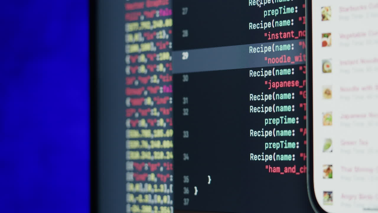Computer Screen Displaying Code and Recipe List