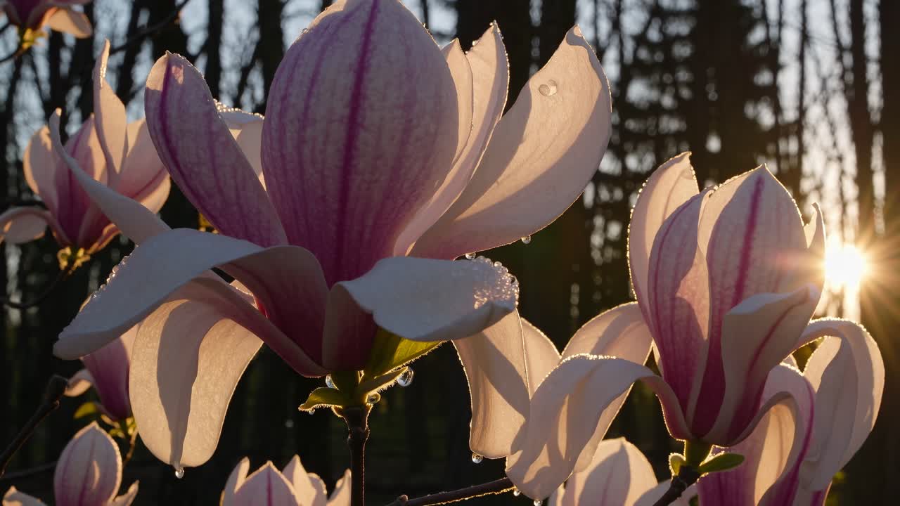 Close-up video angle of blooming magnolias at sunrise, capturing dewdrops and soft light